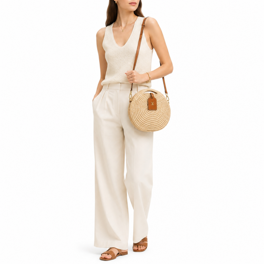 Louis Vuitton Around Me MM Shoulder Bag Raffia White 34Cm M25243