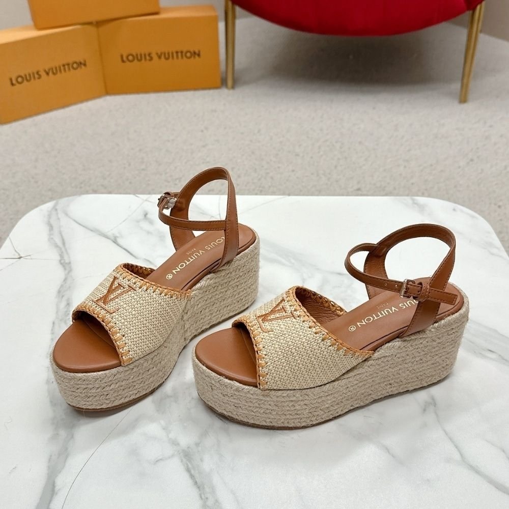 Louis Vuitton Helios Wedge Sandal Raffia Brown
