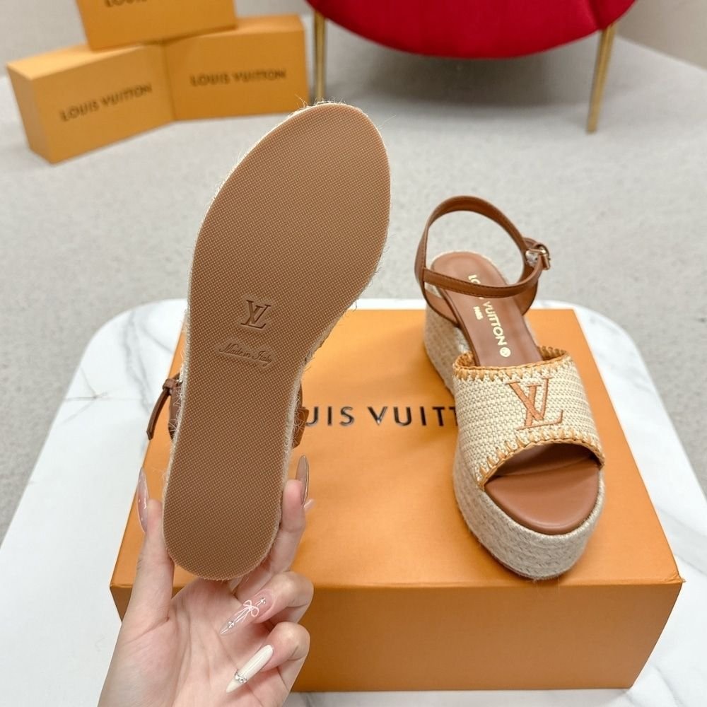 Louis Vuitton Helios Wedge Sandal Raffia Brown
