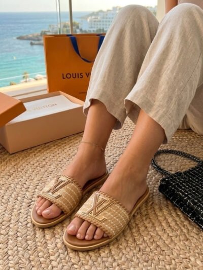 Louis Vuitton Lock It Flat Raffia Mules Brown