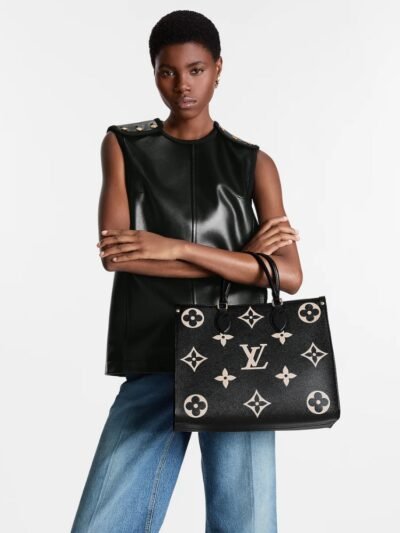Louis Vuitton Onthego MM Bicolor Monogram Empreinte Black Beige 35Cm M45495