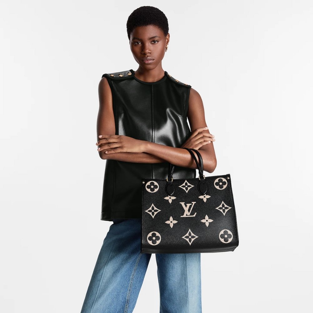 Louis Vuitton Onthego MM Bicolor Monogram Empreinte Black Beige 35Cm M45495