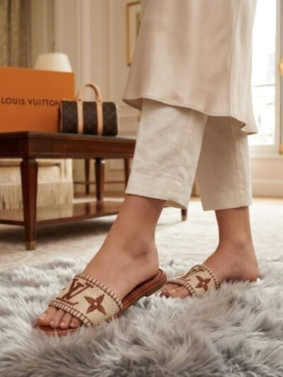 Louis Vuitton Women's Lock It Flat Mule Sandals Monogram Giant Raffia Cognac Brown