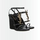 Saint Laurent Cassandra 115 Leather And Raffia Wedge Black Sandals