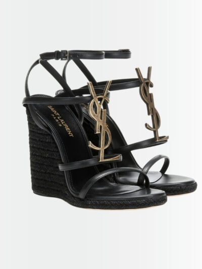 Saint Laurent Cassandra 115 Leather And Raffia Wedge Black Sandals