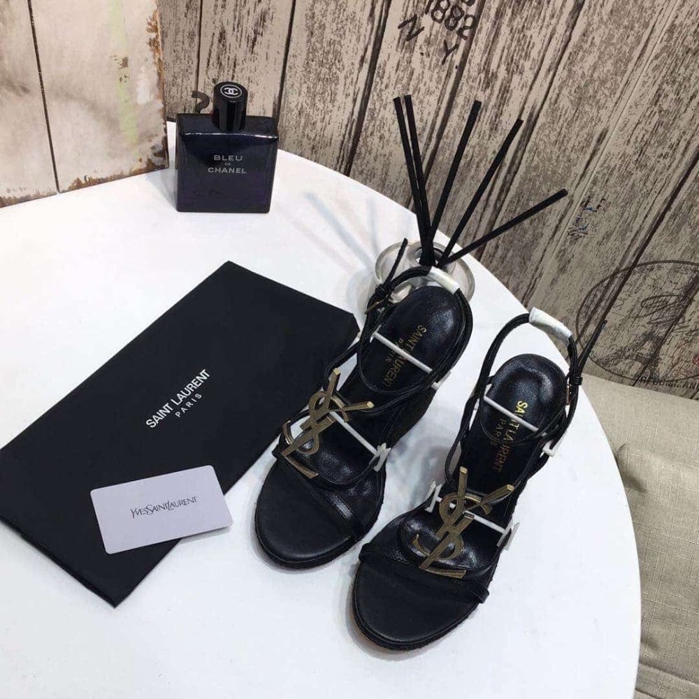 Saint Laurent Cassandra 115 Leather And Raffia Wedge Black Sandals