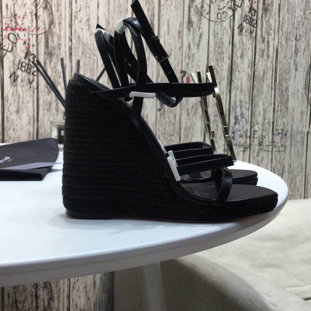 Saint Laurent Cassandra 115 Leather And Raffia Wedge Black Sandals
