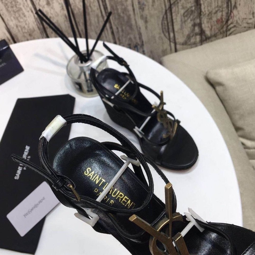 Saint Laurent Cassandra 115 Leather And Raffia Wedge Black Sandals