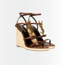 Saint Laurent Cassandra 115 Leather And Raffia Wedge Brown Sandals