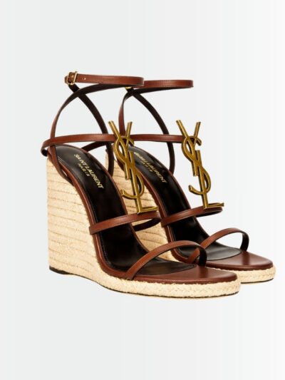 Saint Laurent Cassandra 115 Leather And Raffia Wedge Brown Sandals