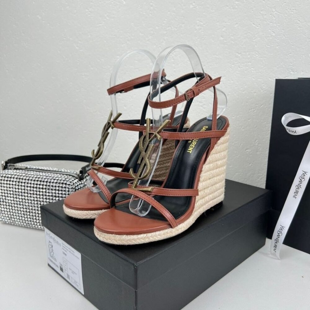 Saint Laurent Cassandra 115 Leather And Raffia Wedge Brown Sandals