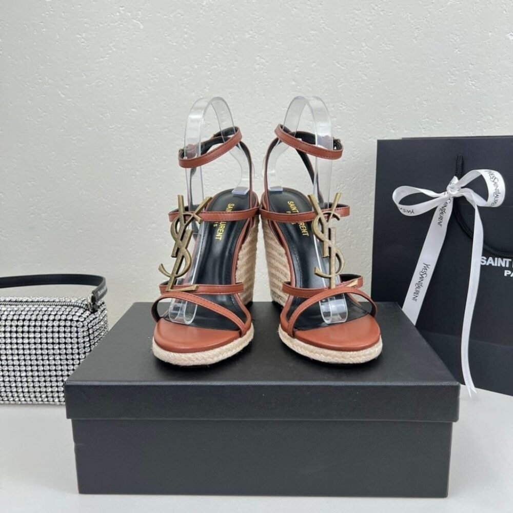 Saint Laurent Cassandra 115 Leather And Raffia Wedge Brown Sandals