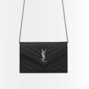 Saint Laurent Cassandre Envelope Chain Wallet In Grain De Poudre Leather Black Silver 19Cm 857605BOW021000