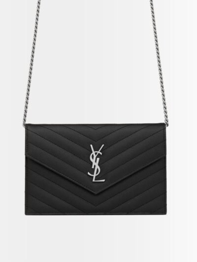 Saint Laurent Cassandre Envelope Chain Wallet In Grain De Poudre Leather Black Silver 19Cm 857605BOW021000