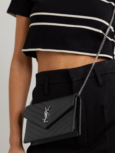 Saint Laurent Cassandre Envelope Chain Wallet In Grain De Poudre Leather Black Silver 19Cm 857605BOW021000