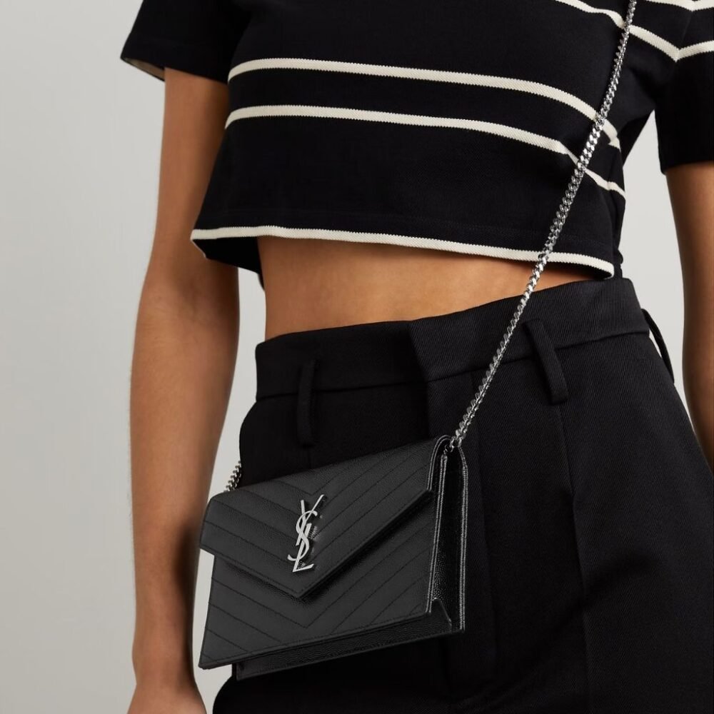 Saint Laurent Cassandre Envelope Chain Wallet In Grain De Poudre Leather Black Silver 19Cm 857605BOW021000