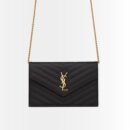 Saint Laurent Cassandre Envelope Chain Wallet In Grain De Poudre Leather Black Gold 19Cm 857605BOW011000