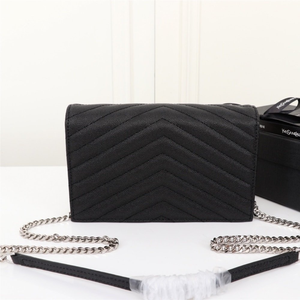 Saint Laurent Cassandre Envelope Chain Wallet In Grain De Poudre Leather Black Silver 19Cm 857605BOW021000