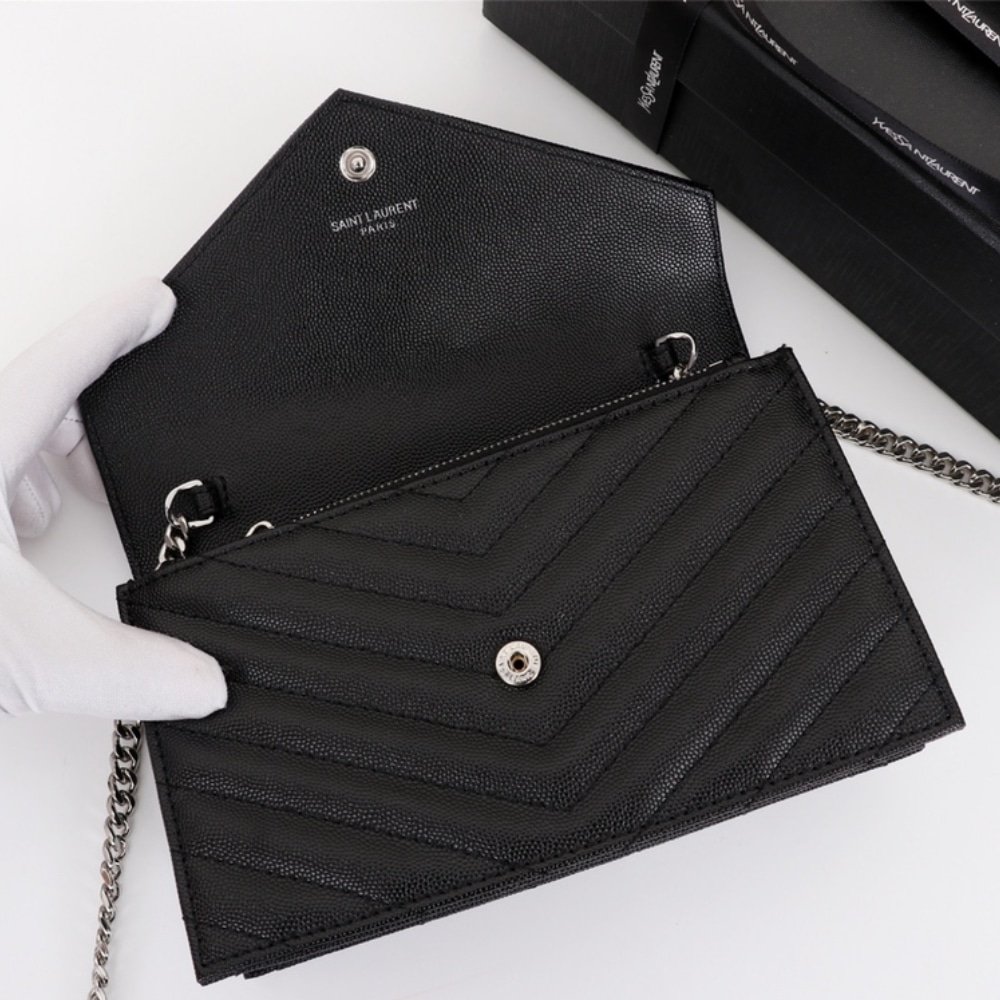 Saint Laurent Cassandre Envelope Chain Wallet In Grain De Poudre Leather Black Silver 19Cm 857605BOW021000