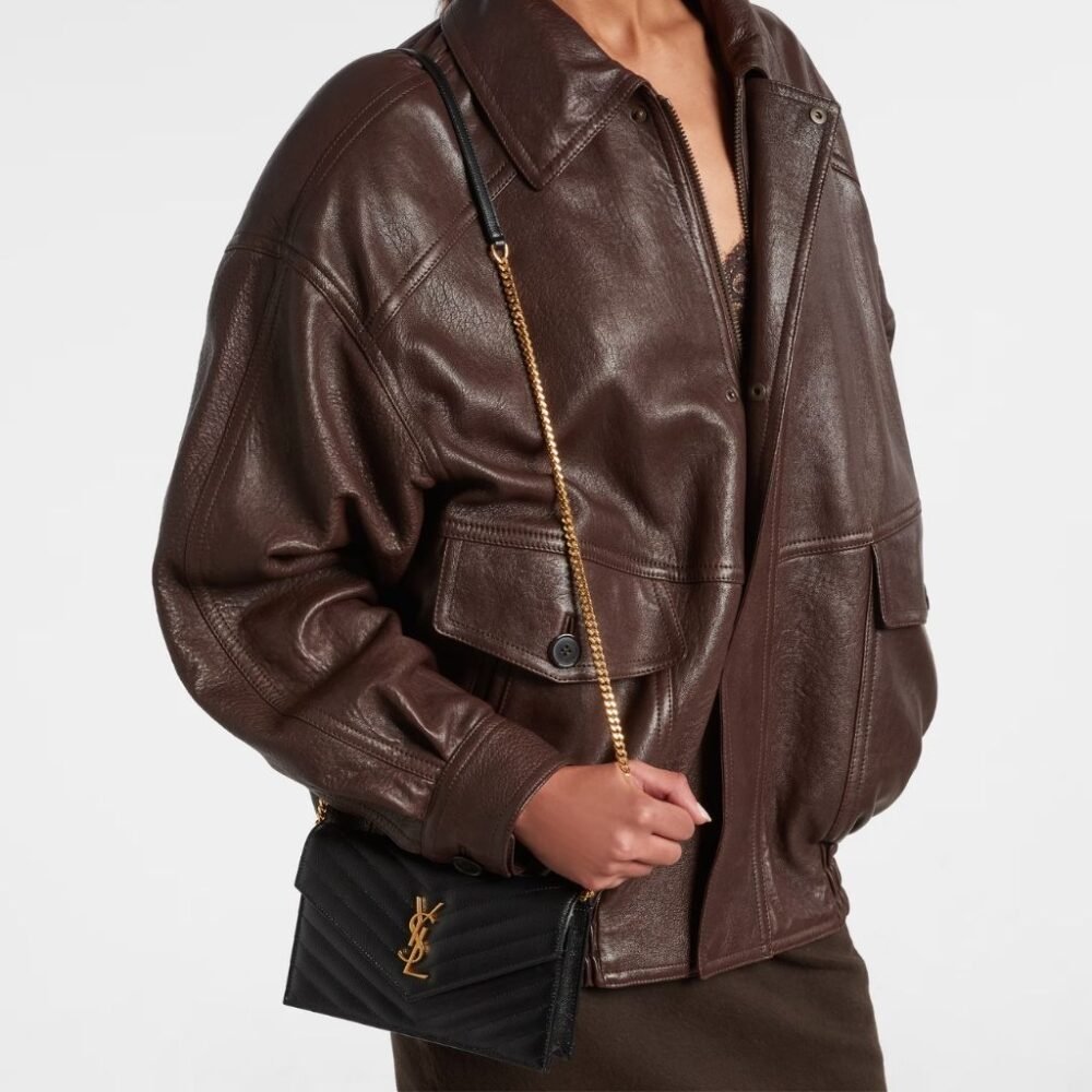 Saint Laurent Cassandre Envelope Chain Wallet In Grain De Poudre Leather Black Gold 19Cm 857605BOW011000