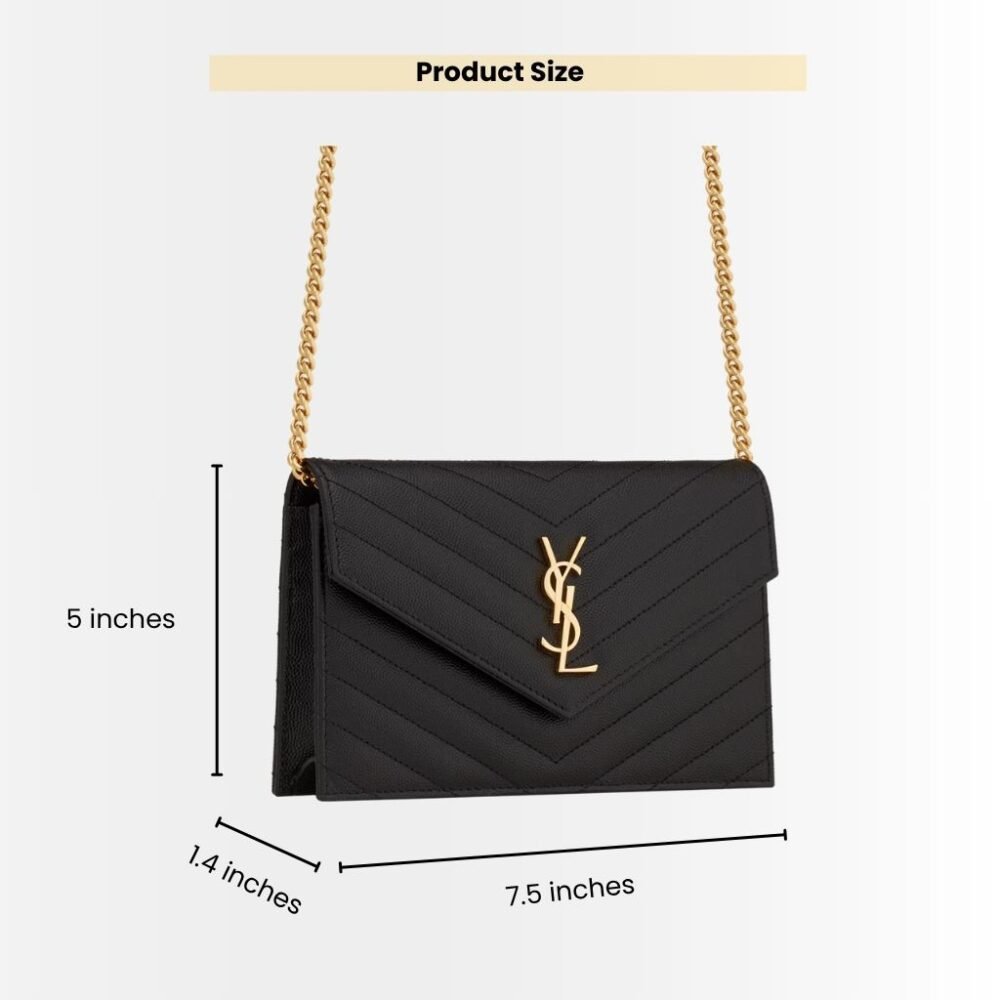 Saint Laurent Cassandre Envelope Chain Wallet In Grain De Poudre Leather Black Gold 19Cm 857605BOW011000