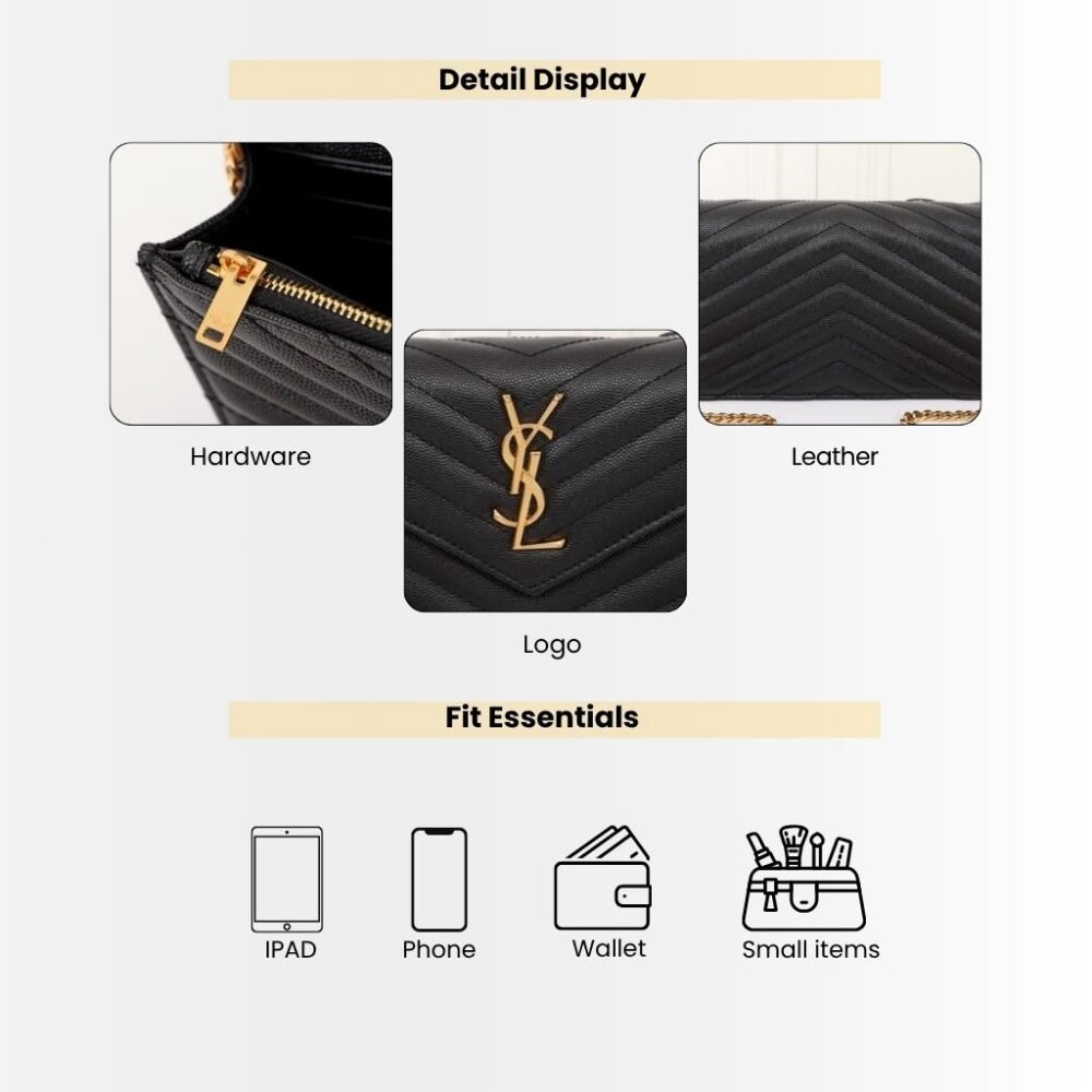 Saint Laurent Cassandre Envelope Chain Wallet In Grain De Poudre Leather Black Gold 19Cm 857605BOW011000
