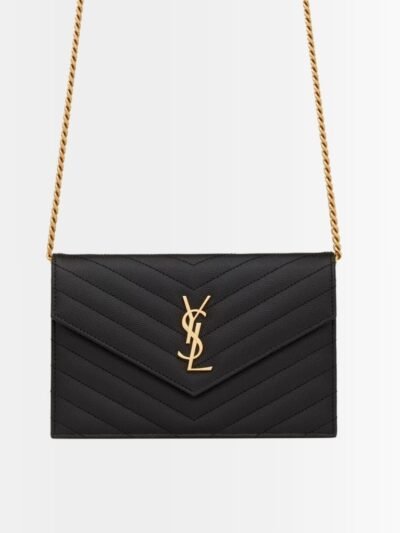 Saint Laurent Cassandre Envelope Chain Wallet In Grain De Poudre Leather Black Gold 19Cm 857605BOW011000