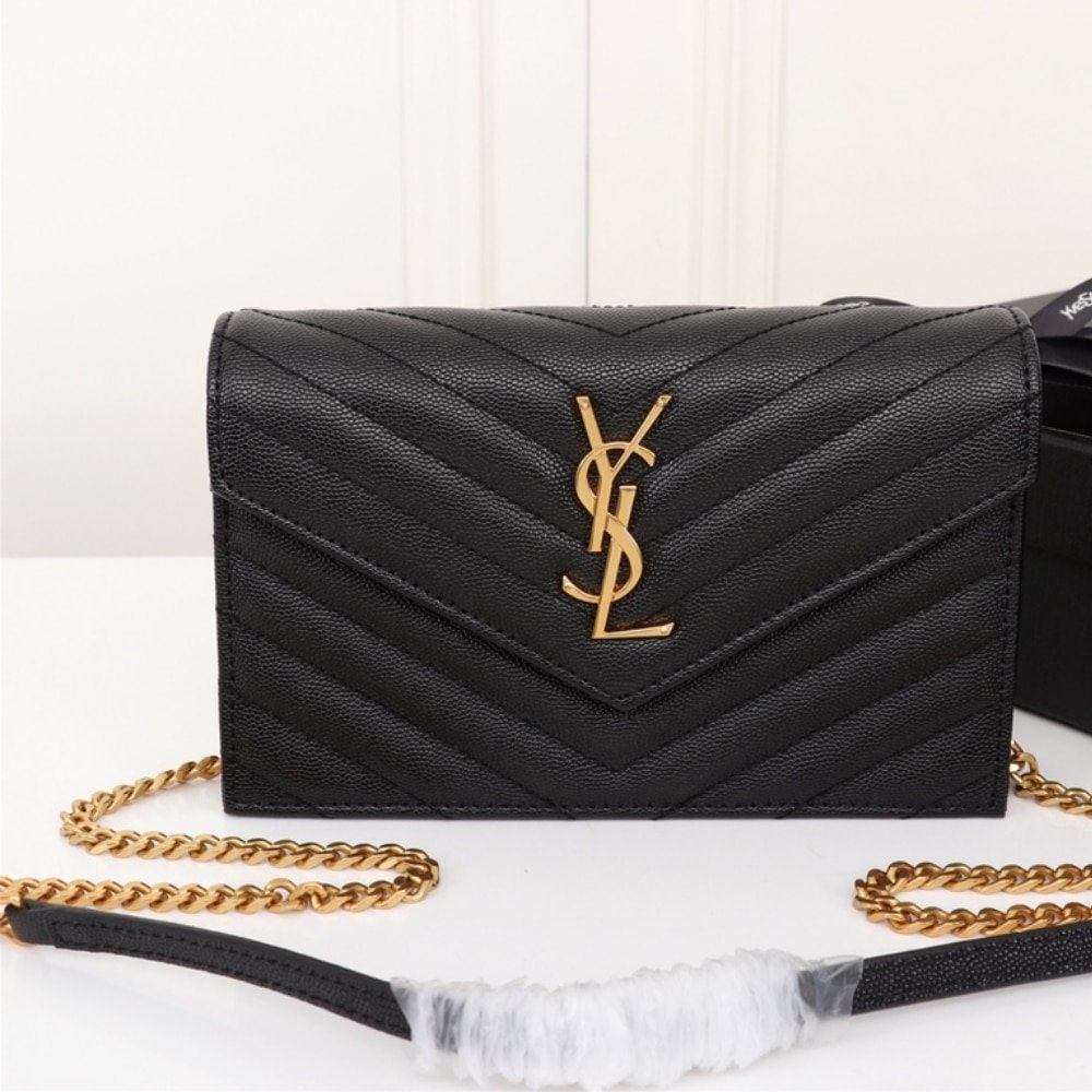 Saint Laurent Cassandre Envelope Chain Wallet In Grain De Poudre Leather Black Gold 19Cm 857605BOW011000