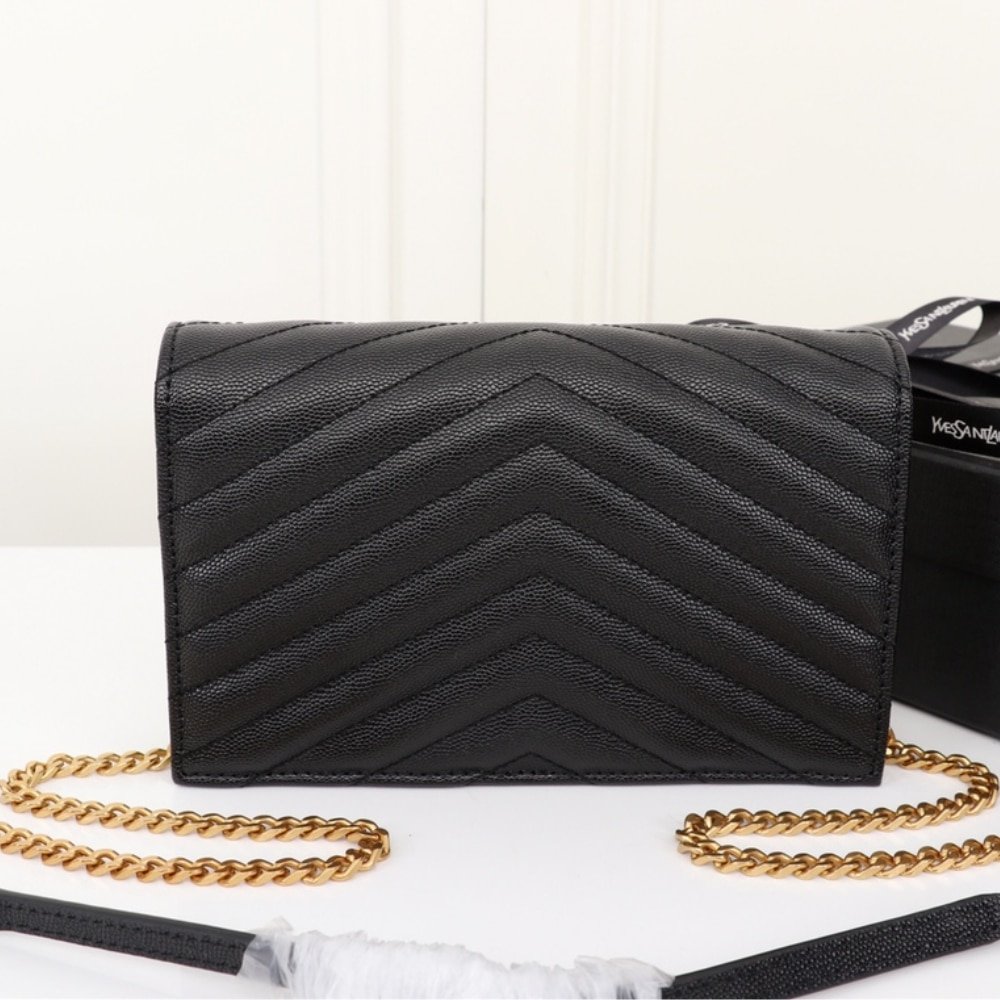 Saint Laurent Cassandre Envelope Chain Wallet In Grain De Poudre Leather Black Gold 19Cm 857605BOW011000