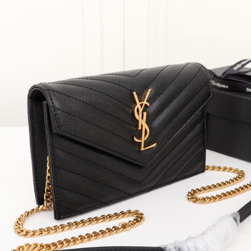 Saint Laurent Cassandre Envelope Chain Wallet In Grain De Poudre Leather Black Gold 19Cm 857605BOW011000