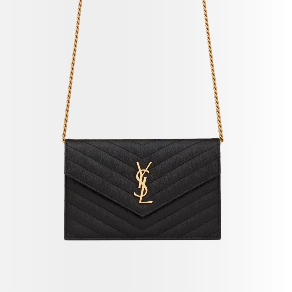 Saint Laurent Cassandre Envelope Chain Wallet In Grain De Poudre Leather Black Gold 19Cm 857605BOW011000