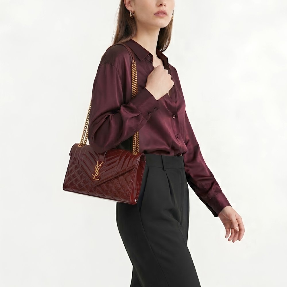 Saint Laurent Cassandre Envelope Medium Wallet In Patent Leather Burgundy 24cm