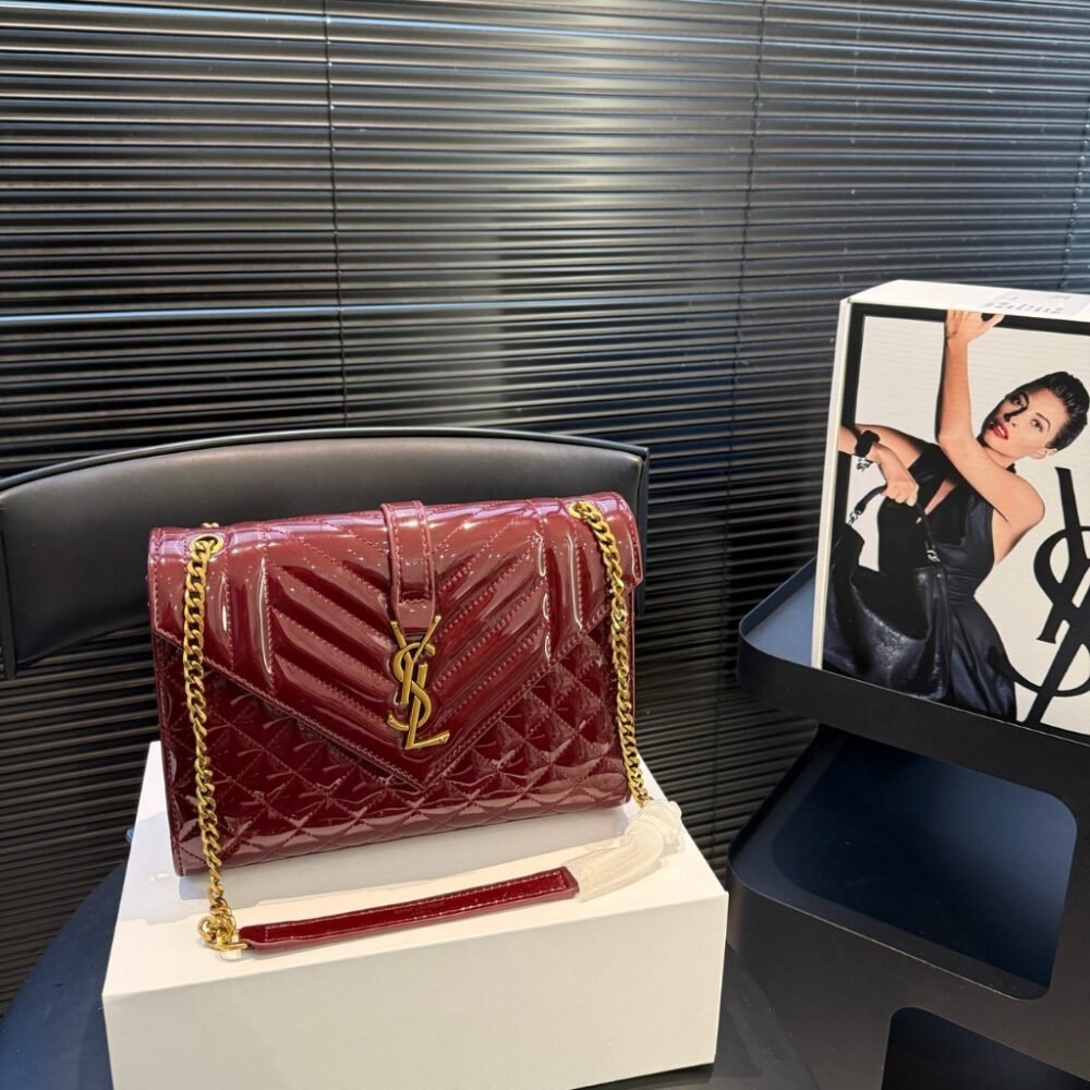 Saint Laurent Cassandre Envelope Medium Wallet In Patent Leather Burgundy 24cm