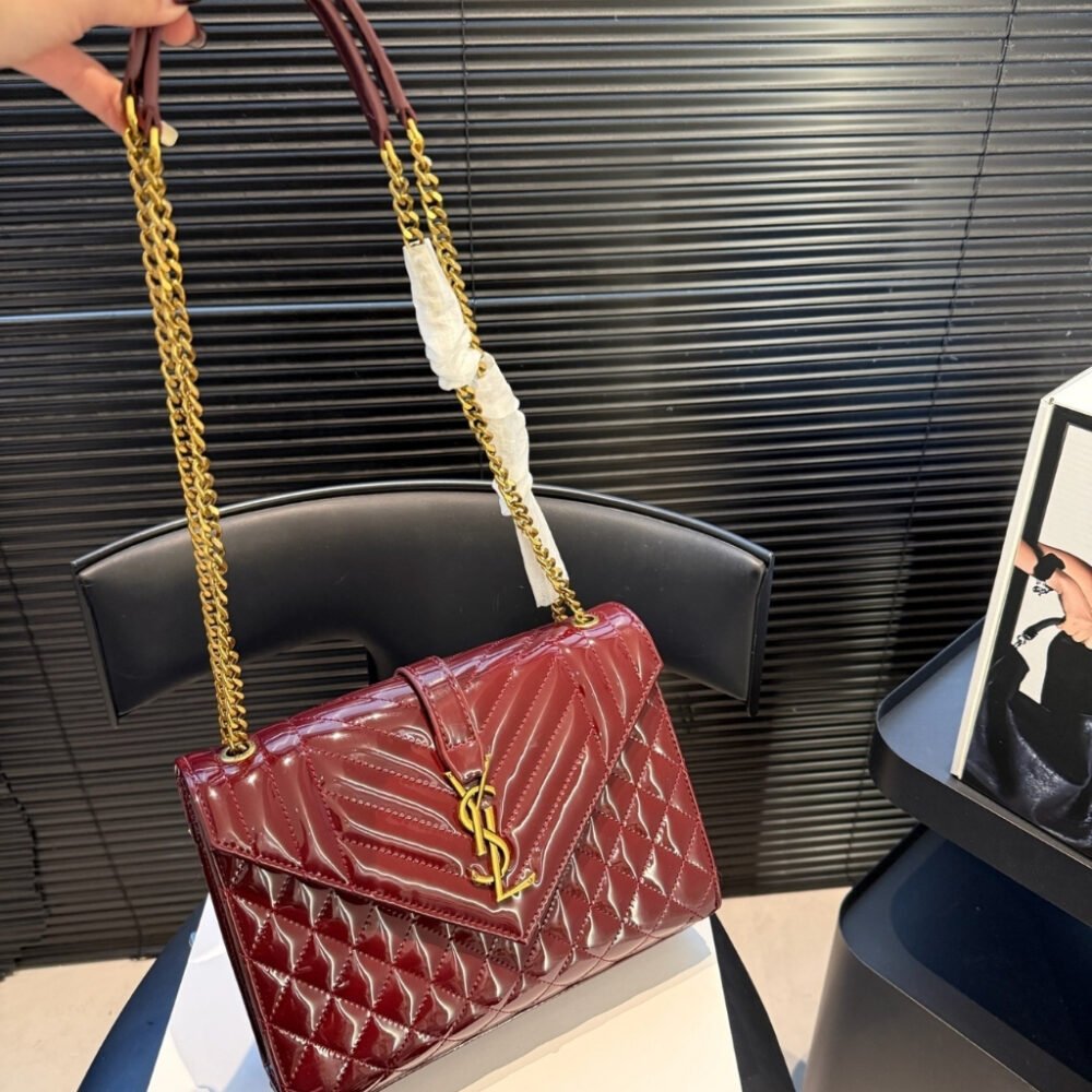 Saint Laurent Cassandre Envelope Medium Wallet In Patent Leather Burgundy 24cm
