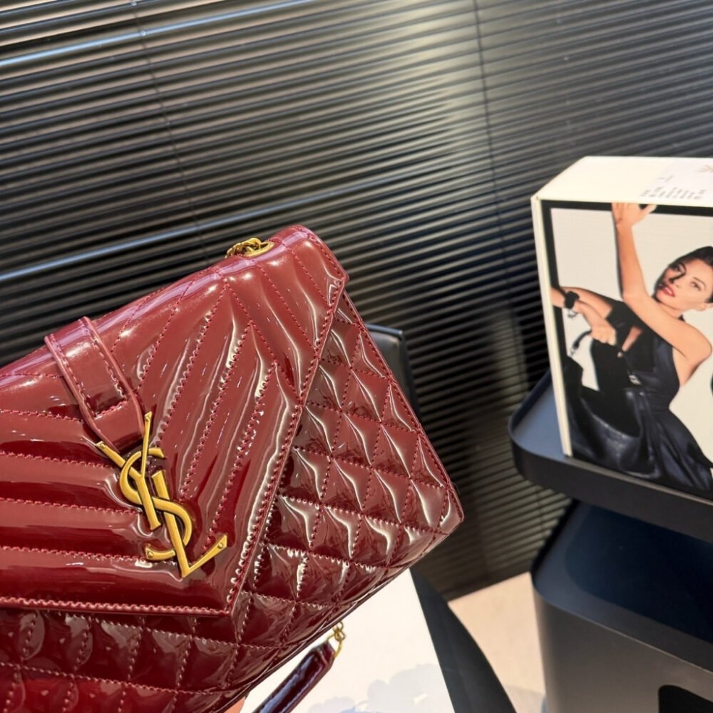 Saint Laurent Cassandre Envelope Medium Wallet In Patent Leather Burgundy 24cm