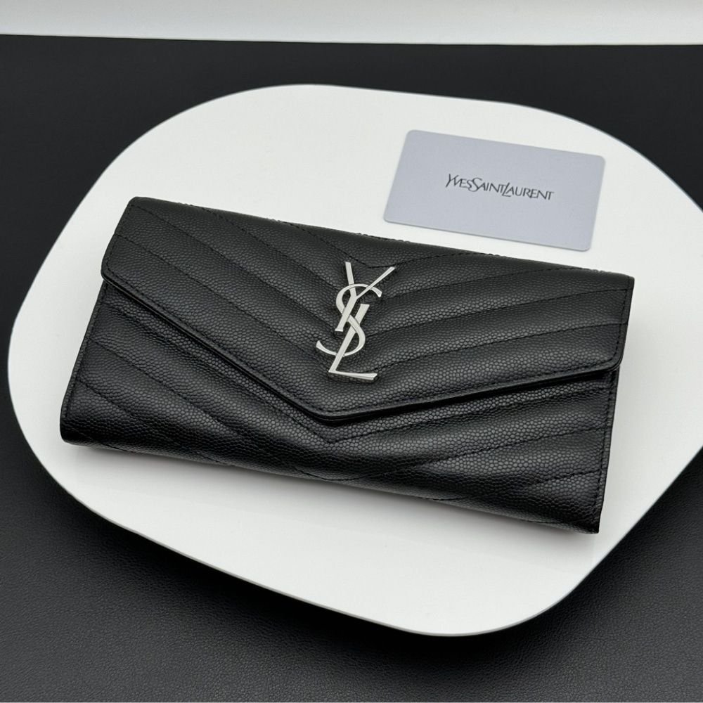Saint Laurent Cassandre Matelassé Large Flap Wallet In Grain De Poudre Leather Black 19Cm 372264BOW021000