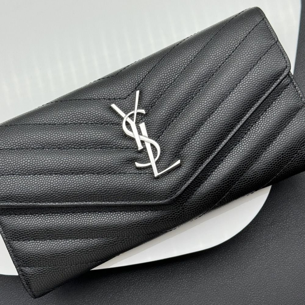 Saint Laurent Cassandre Matelassé Large Flap Wallet In Grain De Poudre Leather Black 19Cm 372264BOW021000