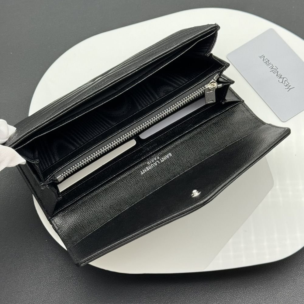 Saint Laurent Cassandre Matelassé Large Flap Wallet In Grain De Poudre Leather Black 19Cm 372264BOW021000
