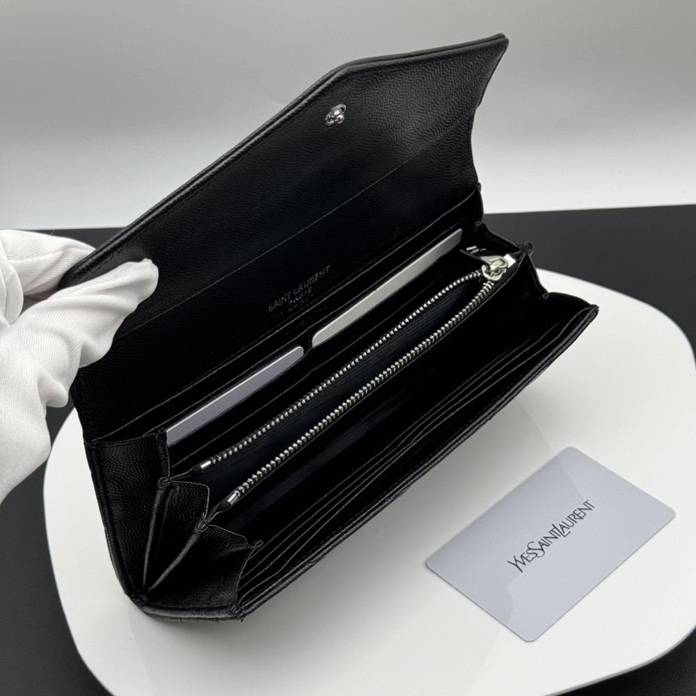 Saint Laurent Cassandre Matelassé Large Flap Wallet In Grain De Poudre Leather Black 19Cm 372264BOW021000