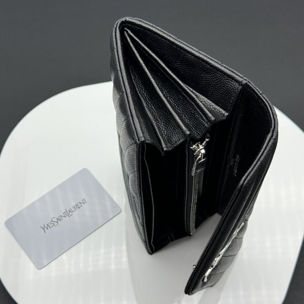 Saint Laurent Cassandre Matelassé Large Flap Wallet In Grain De Poudre Leather Black 19Cm 372264BOW021000