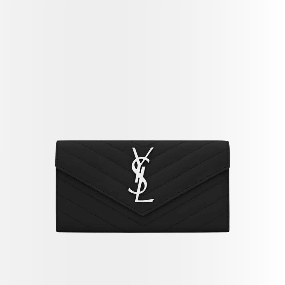 Saint Laurent Cassandre Matelassé Large Flap Wallet In Grain De Poudre Leather Black 19Cm 372264BOW021000