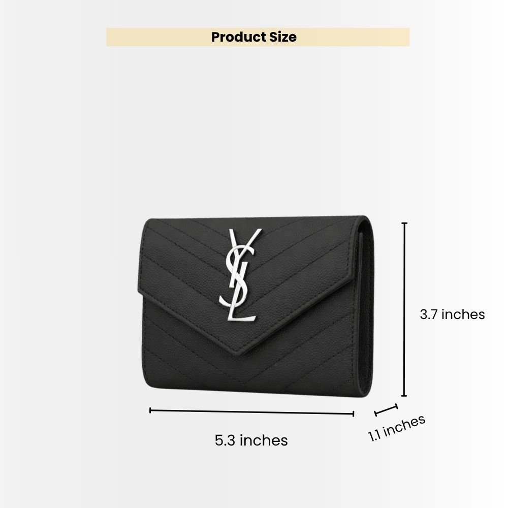 Saint Laurent Cassandre Matelassé Small Envelope Wallet In Grain De Poudre Leather Black Silver 13Cm 414404BOW021000