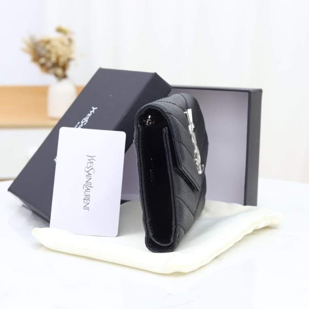 Saint Laurent Cassandre Matelassé Small Envelope Wallet In Grain De Poudre Leather Black Silver 13Cm 414404BOW021000