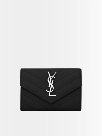 Saint Laurent Cassandre Matelassé Small Envelope Wallet In Grain De Poudre Leather Black Silver 13Cm 414404BOW021000