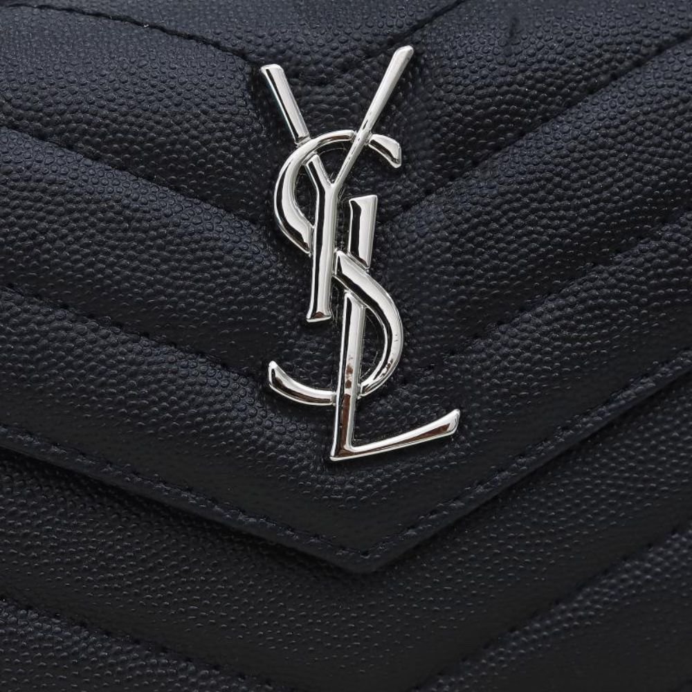 Saint Laurent Cassandre Matelassé Small Envelope Wallet In Grain De Poudre Leather Black Silver 13Cm 414404BOW021000