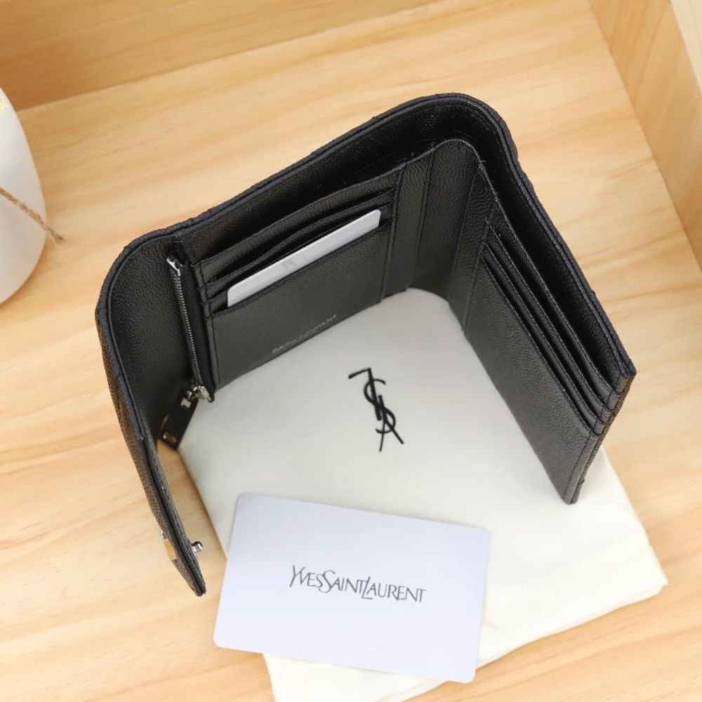 Saint Laurent Cassandre Matelassé Small Envelope Wallet In Grain De Poudre Leather Black Silver 13Cm 414404BOW021000