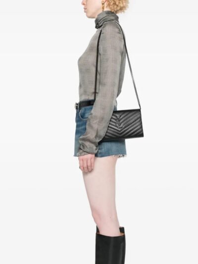 Saint Laurent Envelope Cassandre Chain Wallet In Grain De Poudre Black 22Cm 377828BOW081000