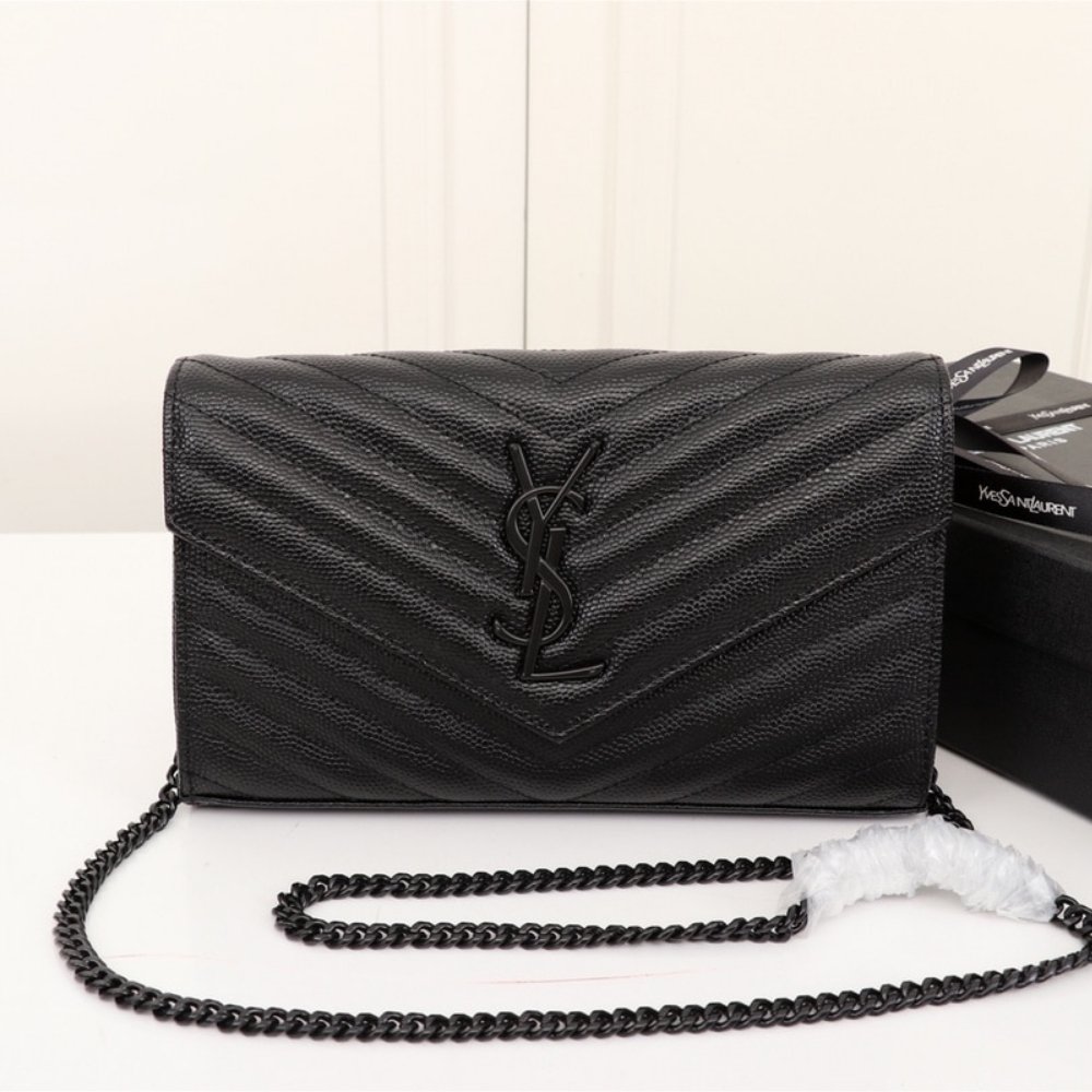 Saint Laurent Envelope Cassandre Chain Wallet In Grain De Poudre Black 22Cm 377828BOW081000