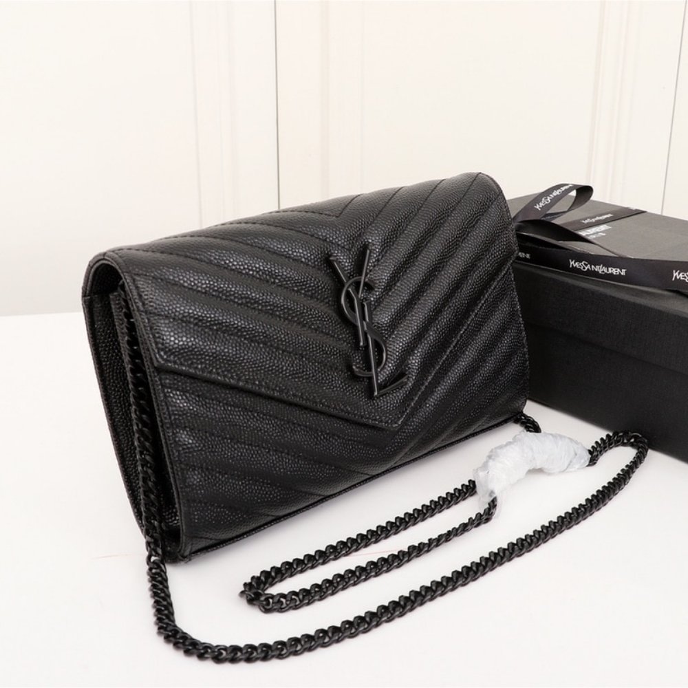 Saint Laurent Envelope Cassandre Chain Wallet In Grain De Poudre Black 22Cm 377828BOW081000
