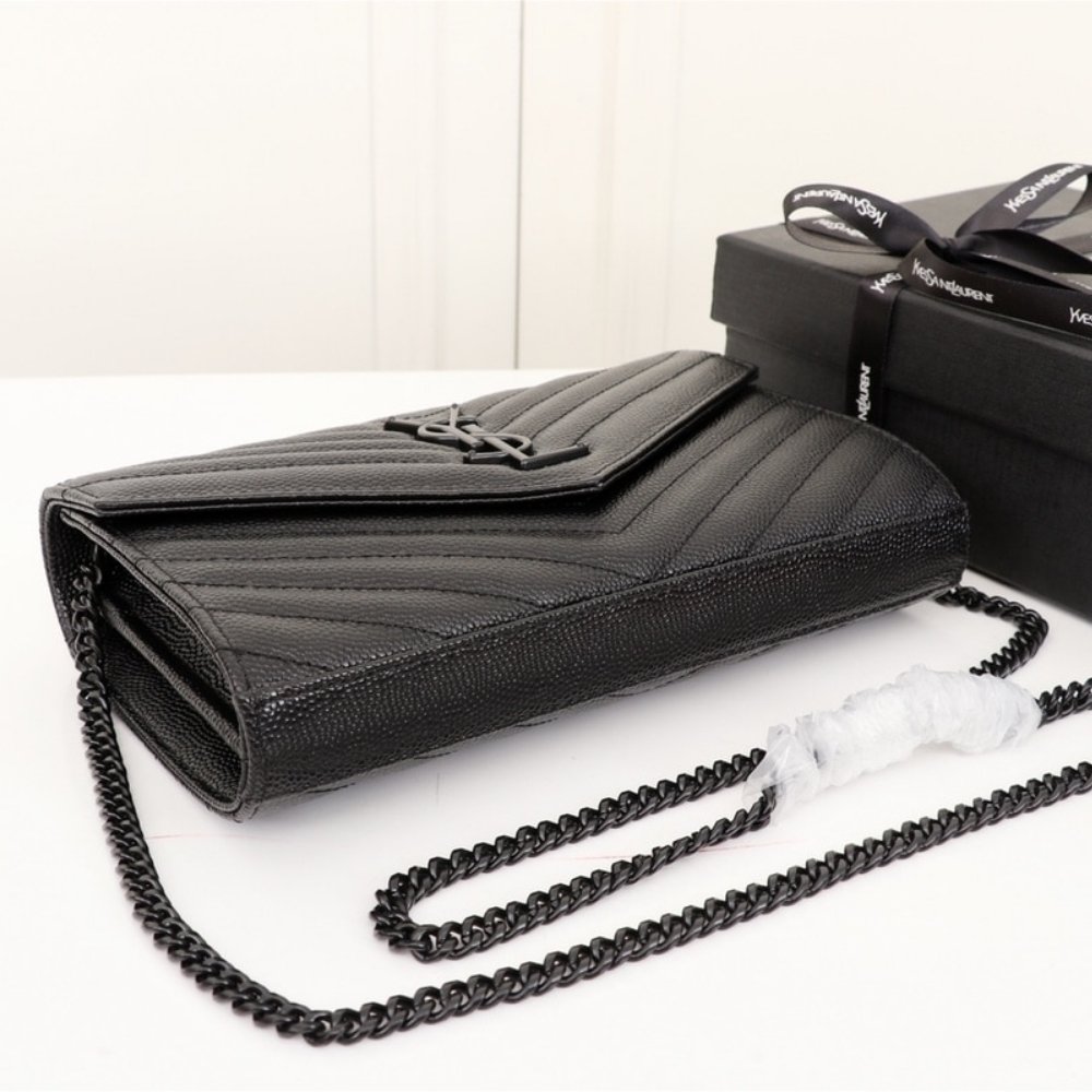 Saint Laurent Envelope Cassandre Chain Wallet In Grain De Poudre Black 22Cm 377828BOW081000